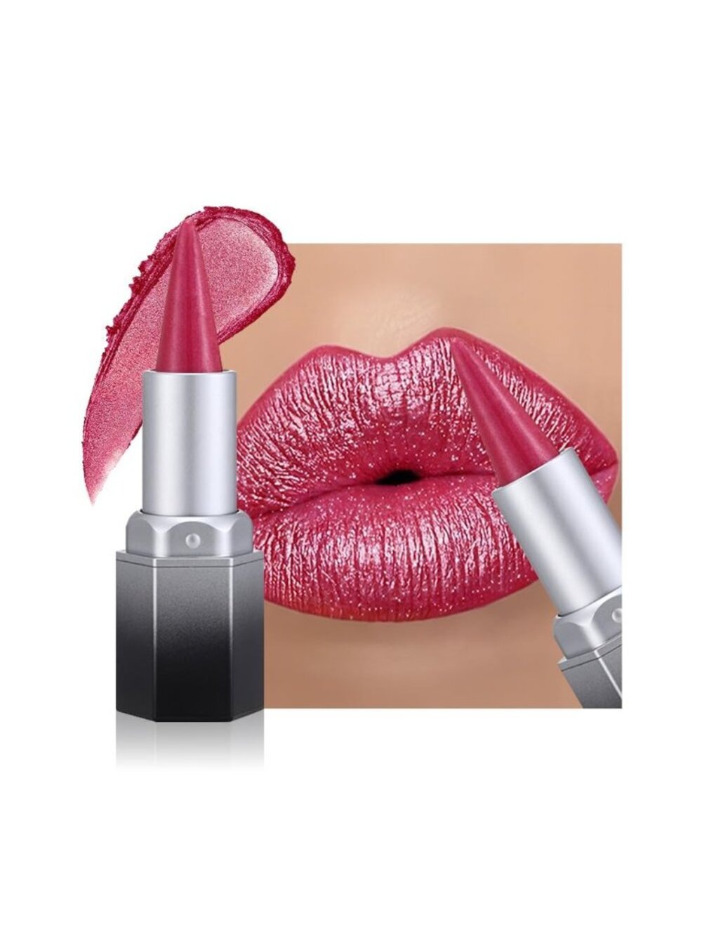 Women 1Pcs -05 Rose Red Shimmery Metallic Cone-Tip Glitter Lipstick & Lip Liner